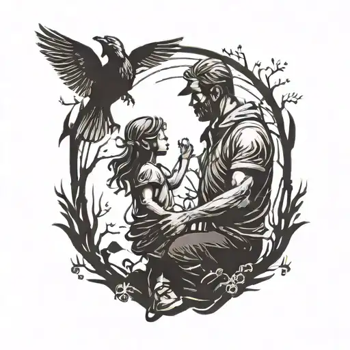 Silhouette Father Daughter On Shoulders And Children Holding Hands