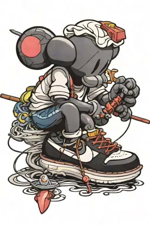 Black And White Kaws Figure Fishing Wearing Nike Shoes