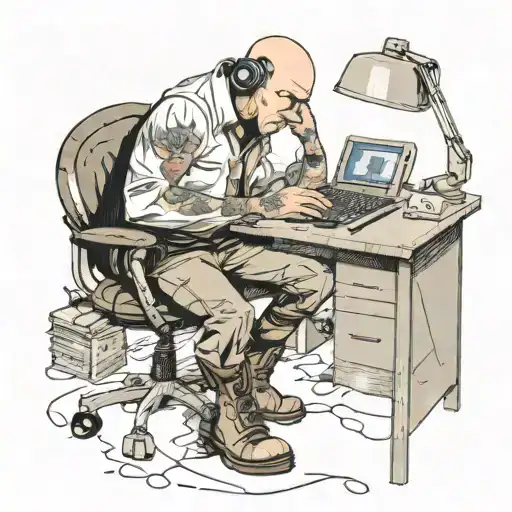 A Skinhead Software Developer With Boots Coding In His Computer In His Desk