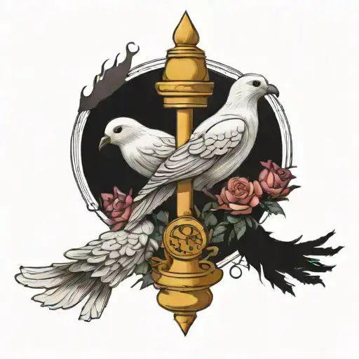 Dove And Crow Perched On Hourglass Roses Intertwined