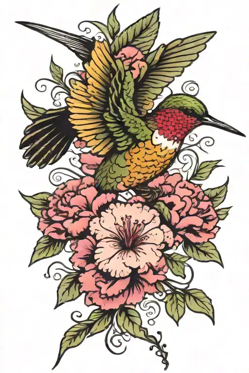 Hummingbird With Pink Carnations Flowers