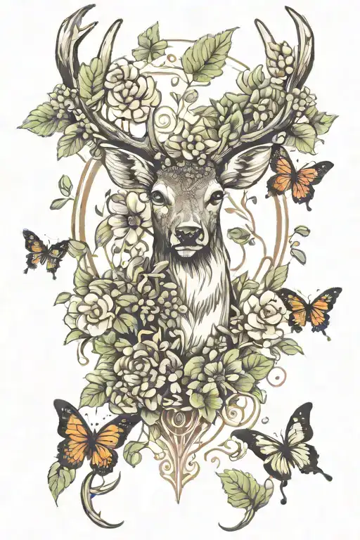 Deer With Three Butterfly's Plants And Leaves