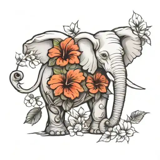 Elephant And Hibiscus Flower
