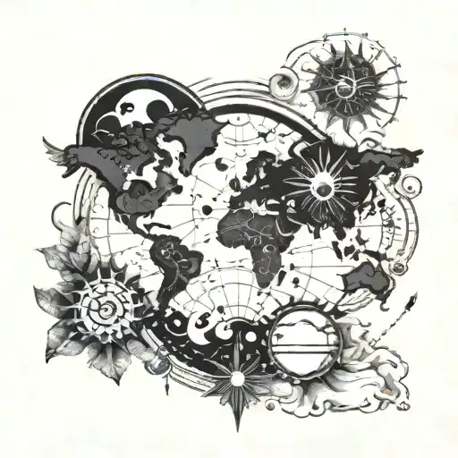 World Map With Sun And Moon Phases And Plane