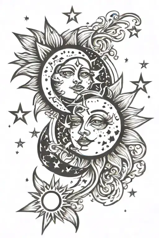 Sun And Moon Surrounded By Stars