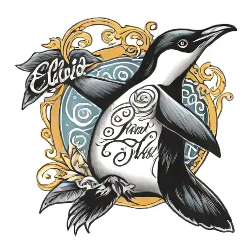 Tattoo Of A Penguin With The Name Elvia In Cursive