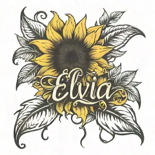 Tattoo With A Yellow Sunflower And The Name Elvia In Cursive