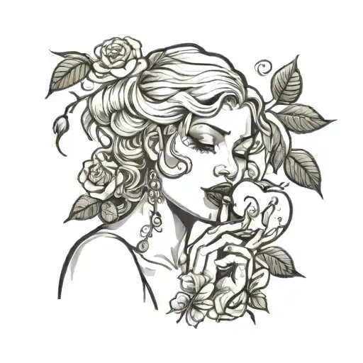 Eve Biting On The Apple In The Mouth In A Rose Garden