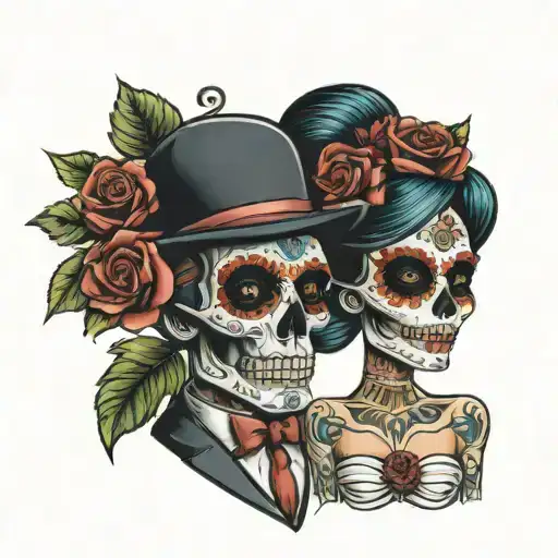 Sugar Skull Style Bride And Groom Holding Hands