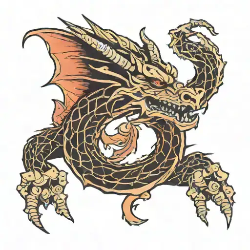 Tattoo On The Left Hand With Lines And A Dragon