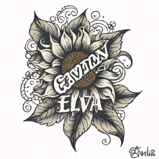 Tattoo With A Sunflower With The Name Elvia In Cursive