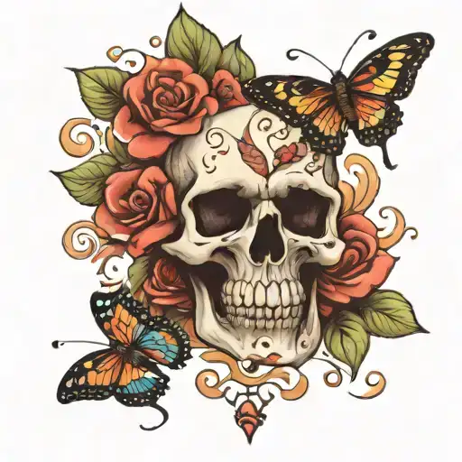 Skull Butterfly With Flowers