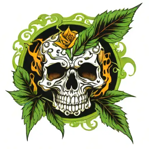 Skull Surrounded With Weed Leafs Smoking Weed