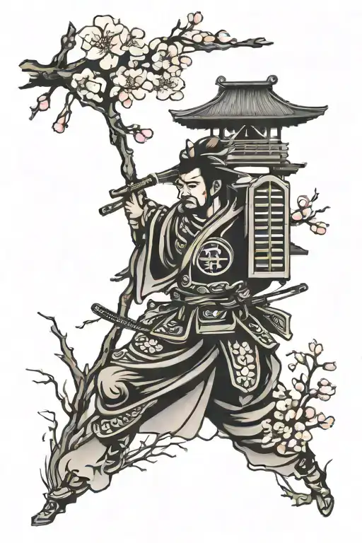 Japanese Cherry Blossom With Samurai And Temple