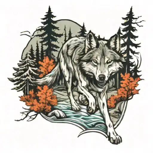 Wolf Walking In Woods Over Creek Running