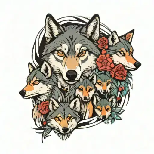 Momma Wolf With 5 Pups