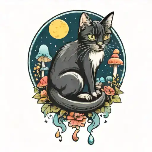 Moon With Black Cat And Colorful Mushrooms