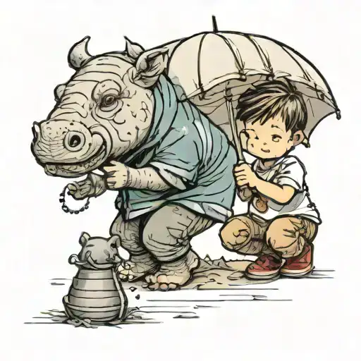 Little Boy Crouching While Holding An Umbrella And A Hippo Stuffed Animal