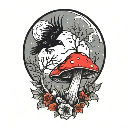 Colorful Mushroom With Ravens And Moon