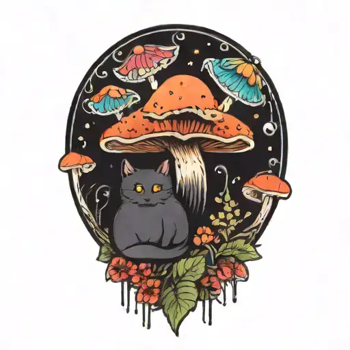 Colorful Mushroom With Black Cat