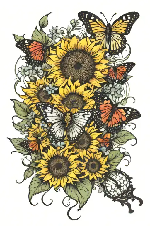 Sunflower And Butterflies And Sun And Flowers