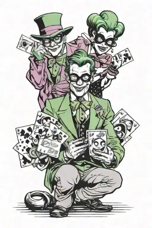 Riddler Holding A Card With Joker And Harley Quinn