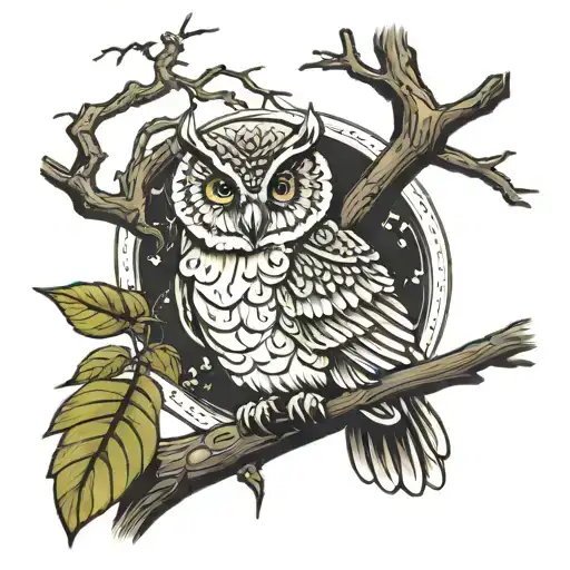 Owl Perched Branch Beside Porch Swing