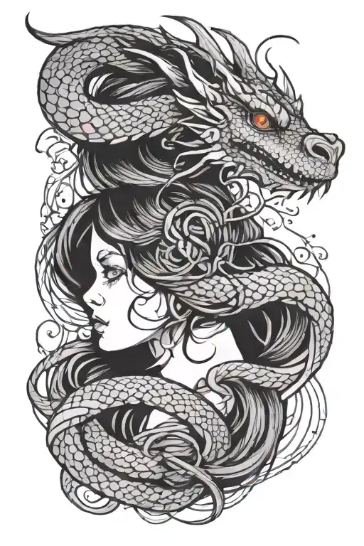 Girl's Head Entwined With A Dragon