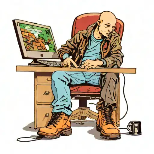 A Skinhead Software Developer With Boots Coding In His Computer In His Desk
