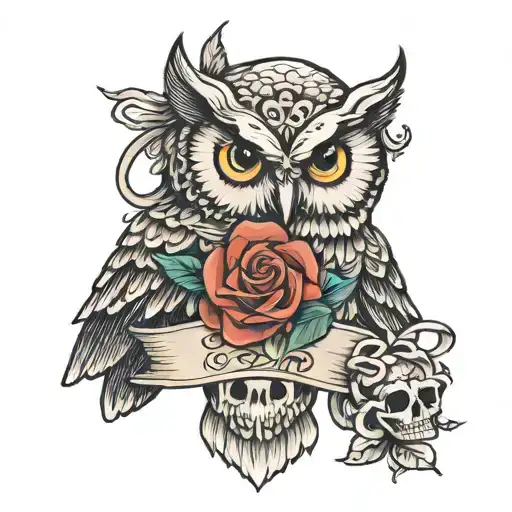 Owl Holding Ribbon And Skull With Flowers