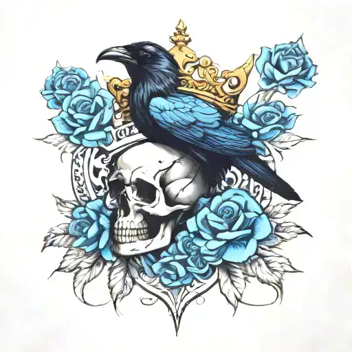 Raven Wearing A Crown With Skull And Blue Roses