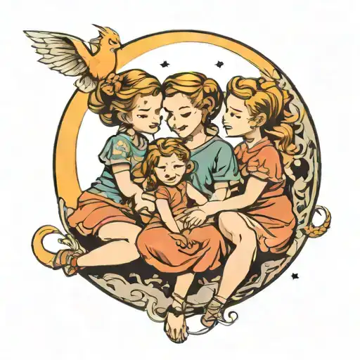 Mother 2 Daughters Sitting On A Moon