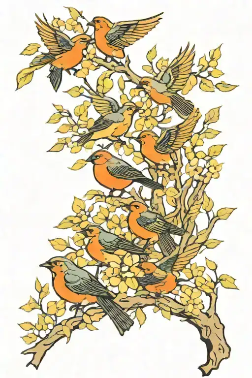 Tree Branch With 7 Birds Flying Together
