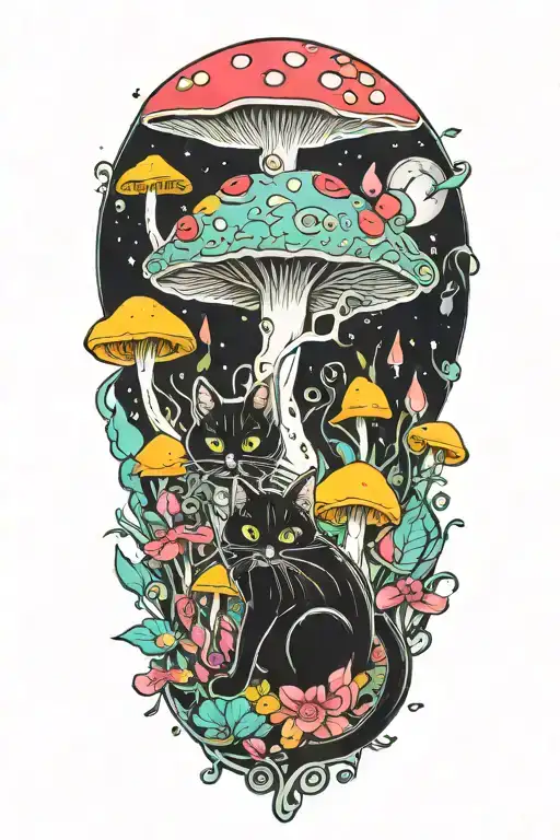 Black Cat And Trippy Colorful Mushrooms With Moon Melting