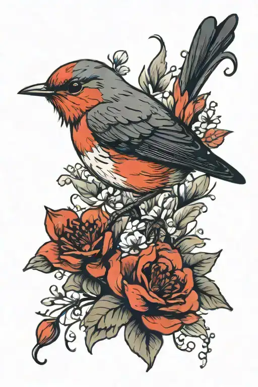 Red Breasted Robin Wildflowers Gently Swaying