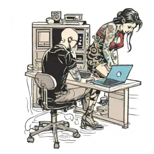 A Skinhead Software Developer Coding In His Computer And A Sexy Girl Sitting With Him In The Desk