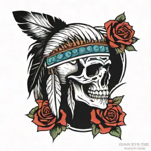 Native American Skull With Roses And Feathers Falling