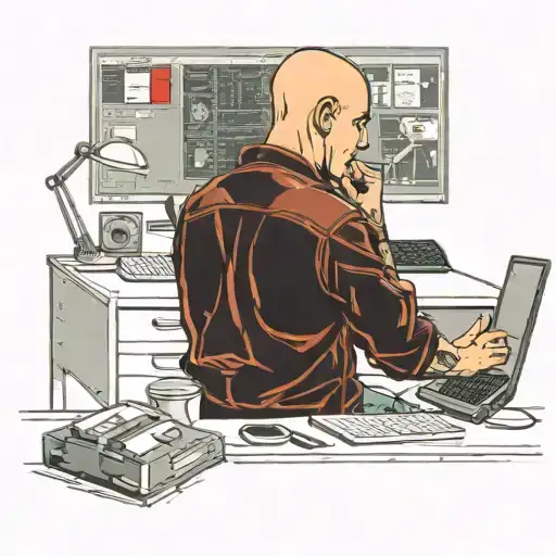 A Skinhead Software Developer Coding In His Computer And A Sexy Girl Sitting With Him In The Desk