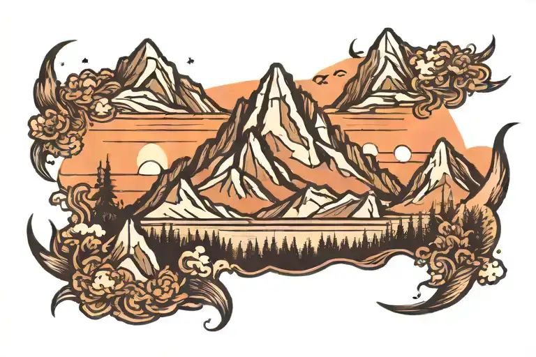 Mountain Range At Sunset Sky