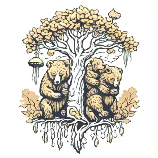 4 Bears A Willow Tree And Mushrooms
