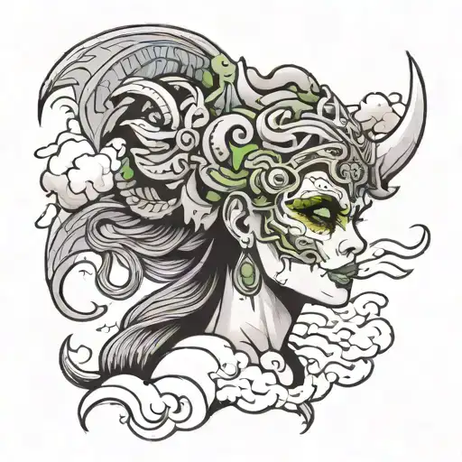 Half Skull Half Woman Face With Dragon Head Dress Big Clouds