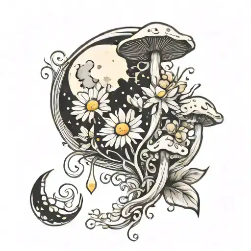 Moon With Mushrooms Daisy And Lilly And Crystals Growing