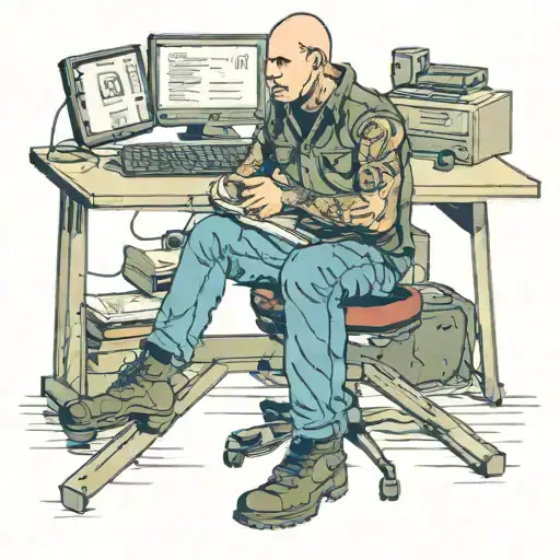 A Skinhead Software Developer With Boots Coding In His Computer In His Desk