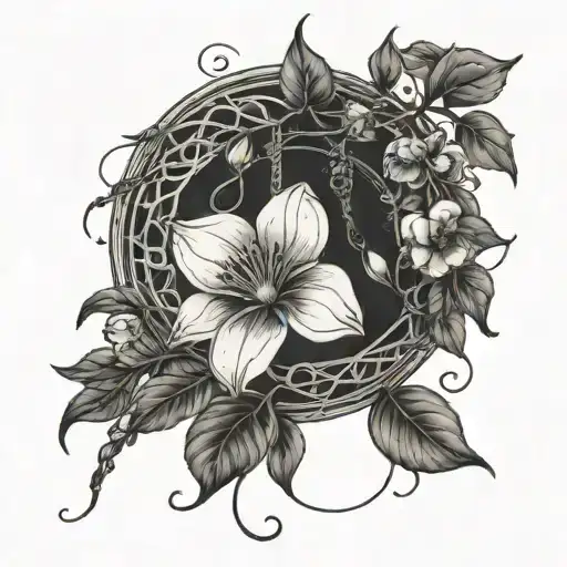 Moon Flower Blooming Hanging Strings And Pears Looks Surrealistic Black And White