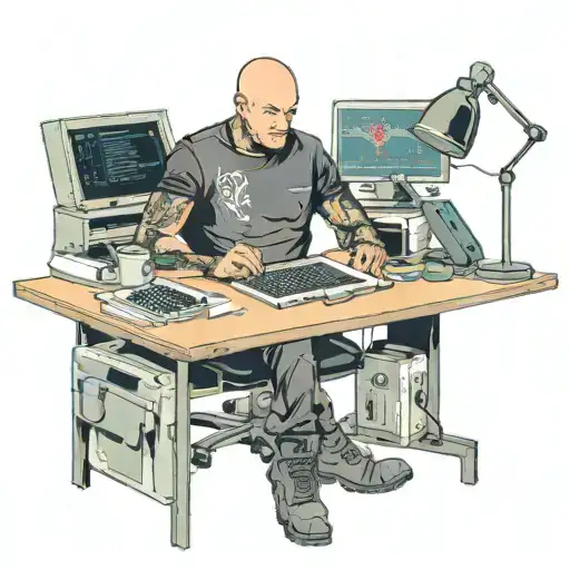 A Skinhead Software Developer With Boots Coding In His Computer In His Desk