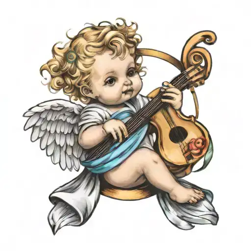 Baby Angel Holding Music Symbol In One Hand And Ribbon In Other