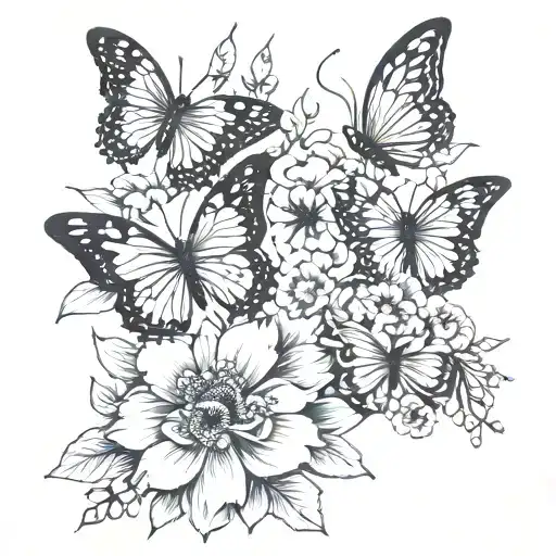 Butterflies Around Flowers With Mountain