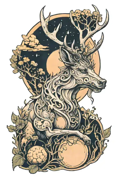 Fantasy Creature With Antlers And Moon And Forest