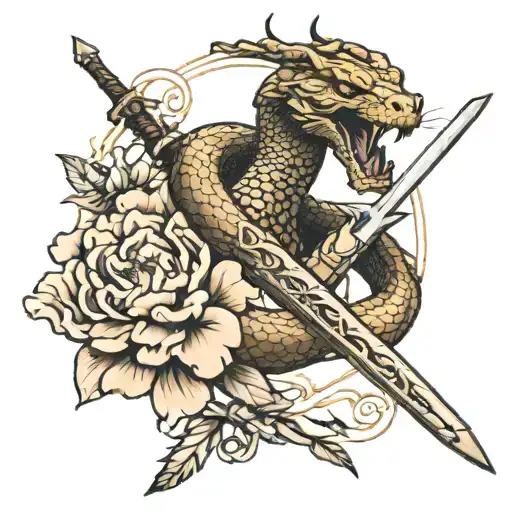 A Viper Tangled In A Sword With Peonies Around It Only With Lines And Shading