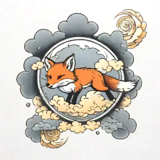 Beatiful Red Fox Running In The Sky Among The Clouds